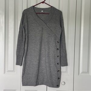 Heather grey V-neck sweater mini dress/tunic with buttons down the side. Small